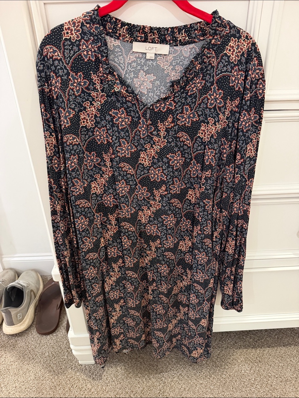 LOFT Navy and Pink Long Sleeve Floral Shift Dress